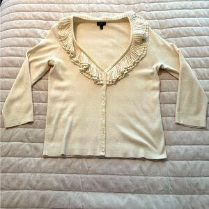 Talbots Cream V-Neck Sweater with Ruffled Detail